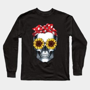 Cool skull red bandana and sunflowers skull mask face Long Sleeve T-Shirt